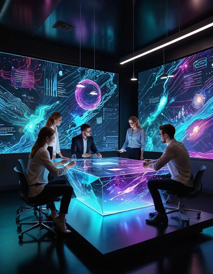A dynamic digital workspace showcasing a diverse team brainstorming innovative content ideas around a glowing holographic table, with vibrant visuals of impactful digital media floating around them. The background features abstract representations of data and digital impact. The atmosphere is energetic and collaborative, reflecting creativity and technology. super-realistic. vibrant colors. 3D.