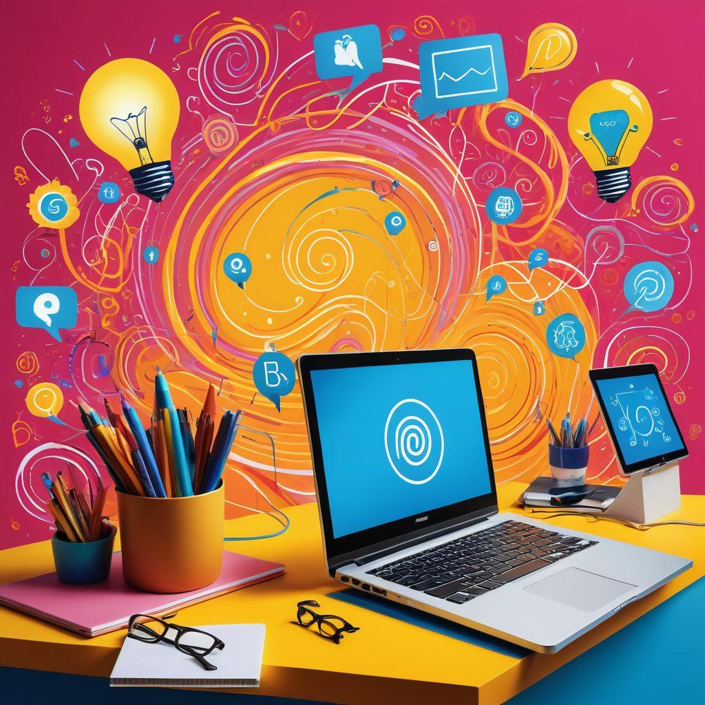 An abstract representation of digital connectivity featuring diverse individuals collaborating on laptops, surrounded by vibrant blogging symbols like pens, light bulbs, and social media icons. The background should have a dynamic swirl of color to symbolize creativity and energy. Emphasize a modern, energetic atmosphere that inspires action and connection. super-realistic. vibrant colors. dynamic composition.