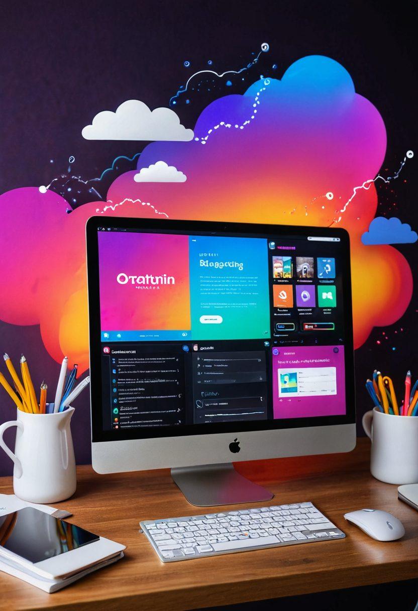 A vibrant digital workspace showcasing a futuristic computer screen displaying the Ebax platform's interface, surrounded by tools for blogging success like a notepad, coffee cup, and a glowing light bulb symbolizing ideas. The background features abstract clouds of creative thoughts and icons of social media. The scene is energized with vivid colors and an inviting atmosphere. super-realistic. vibrant colors. inspirational theme.